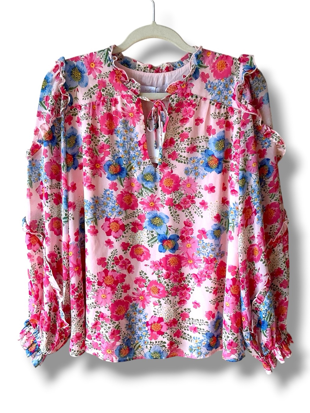 Sugarlips Floral Chiffon Ruffled Split Neck Top Size S NWT